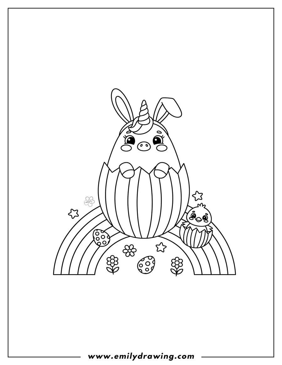 Linear illustration of bunny-eared unicorn popping out of a striped Easter egg on a rainbow, with a baby chick in a cracked egg nearby