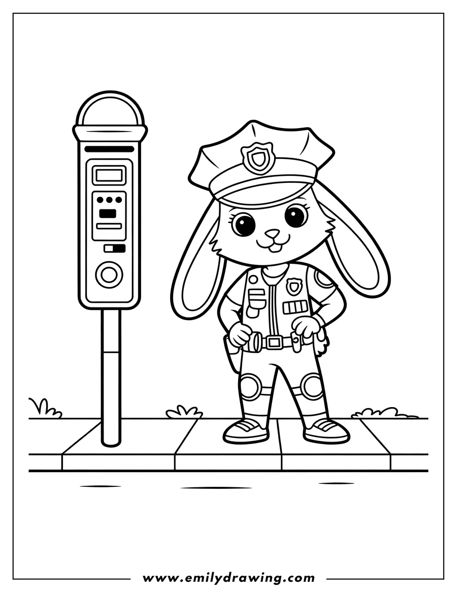 Full page coloring image of bunny Police Officer