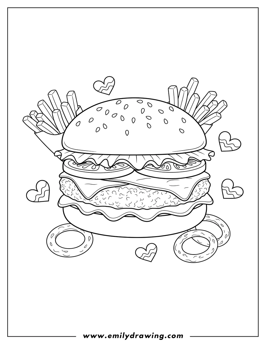Linear illustration of A burger with sesame seeds, lettuce, tomatoes, a patty, and cheese, accompanied by floating hearts, french fries, and onion rings