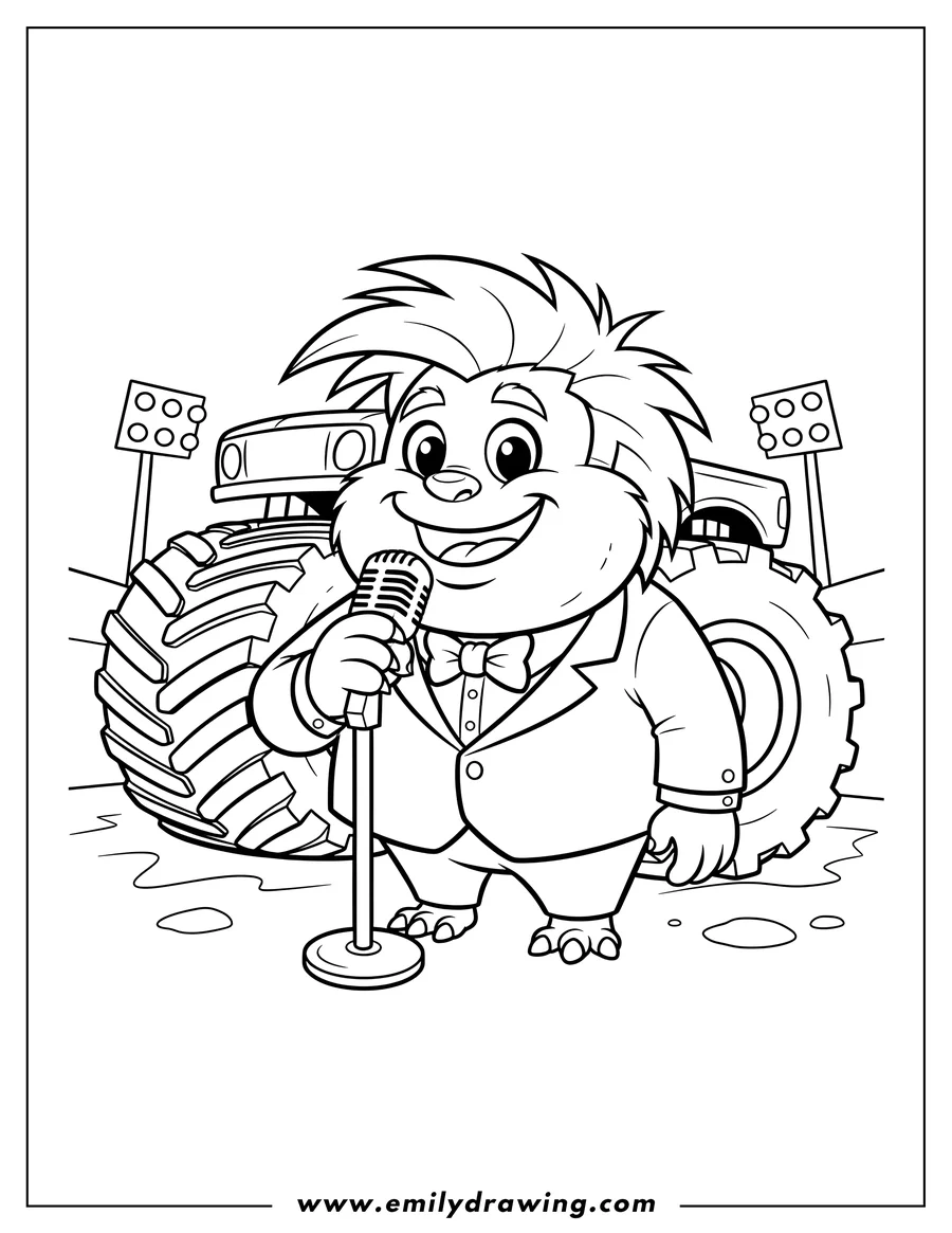 Vector style outline of burt Black N White monster truck announcer holding a microphone