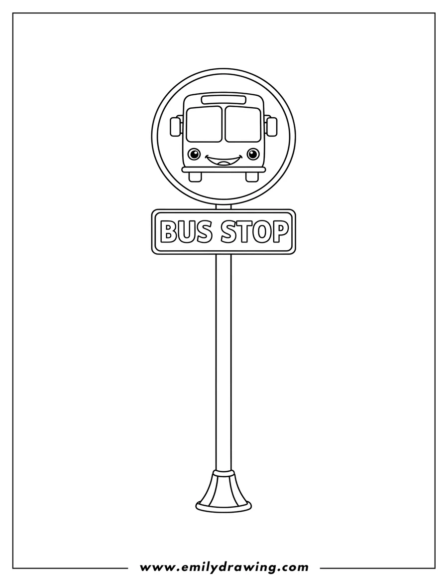 Coloring page for kids: bus Stop Sign To Color with a bus icon and 'BUS STOP' text