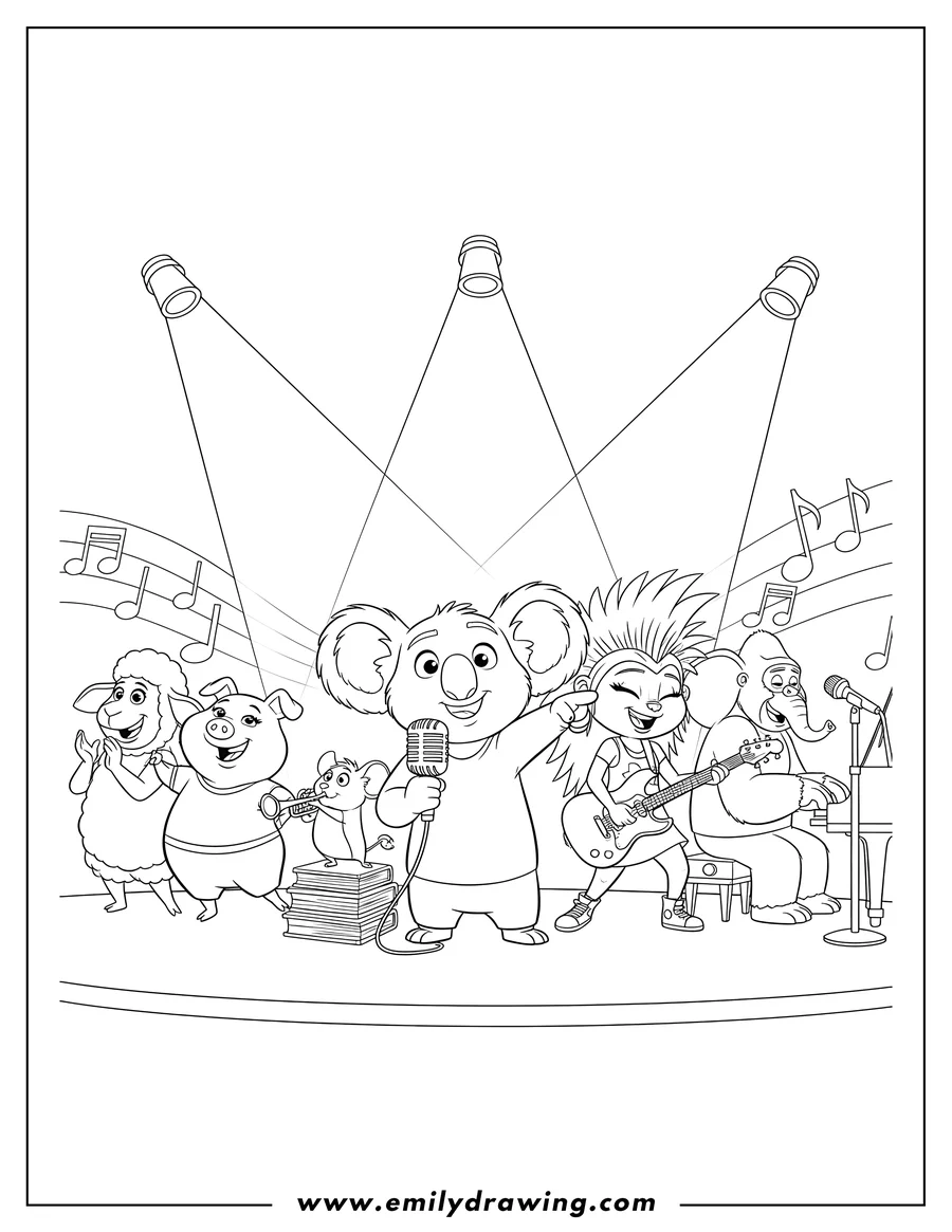 Printable line art of buster Moon, Rosita, Mike, Ash, Johnny, Meena, Gunter, and Eddie celebrating together with Buster holding a microphone and pointing, and Ash playing a guitar
