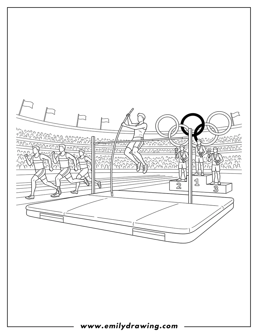 Printable line art of busy Olympic Stadium with athletes running, pole vaulting, and on a podium