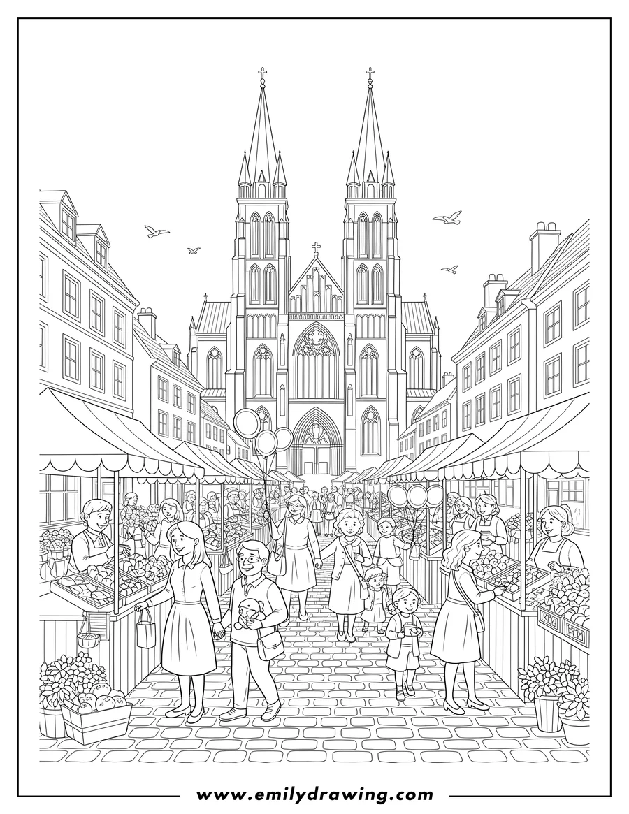 Black and white line art of busy Town Market Leading To Historic Cathedral Church, with shoppers and vendors interacting at market stalls