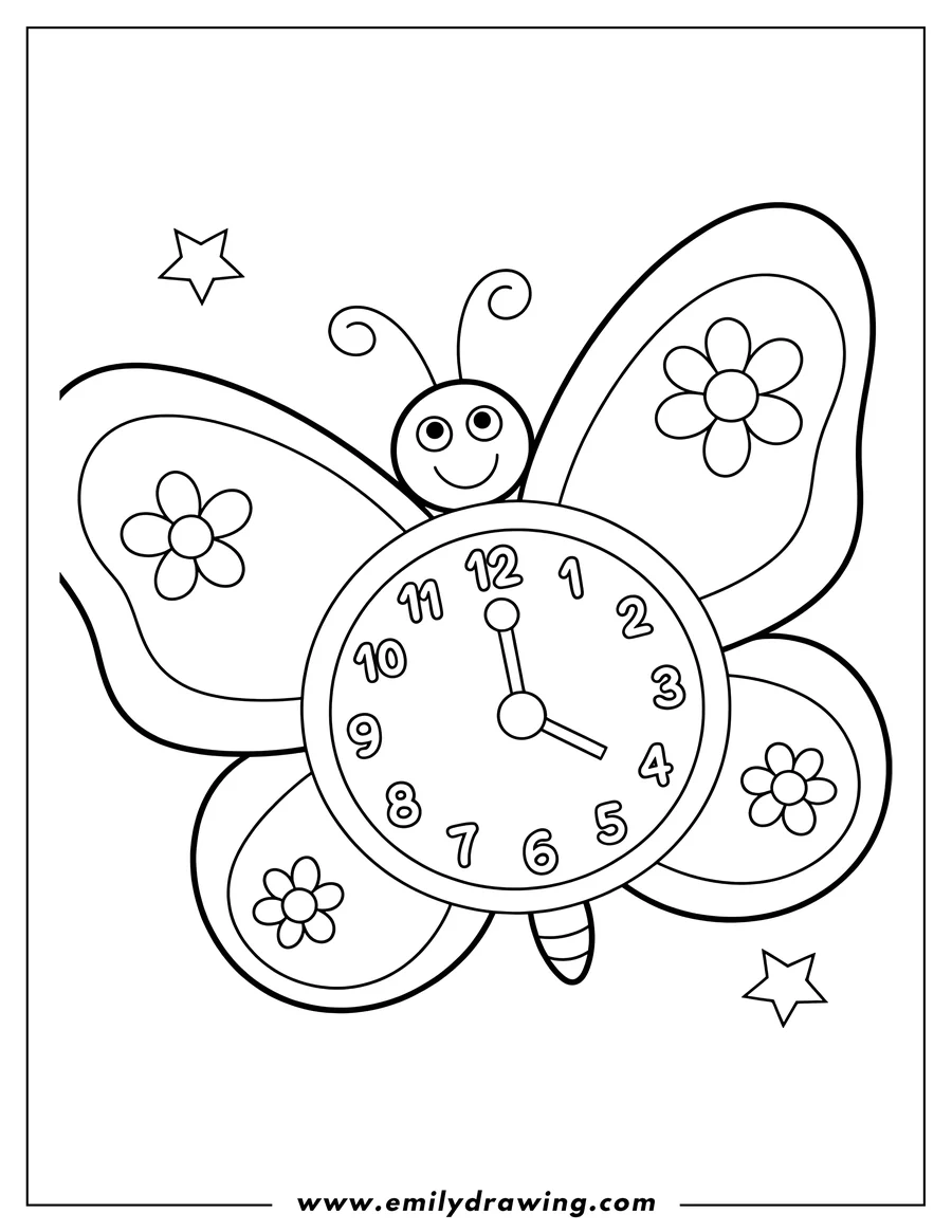 Line art of a smiling butterfly with a clock for its body, featuring flowers on its wings and two stars in the background.