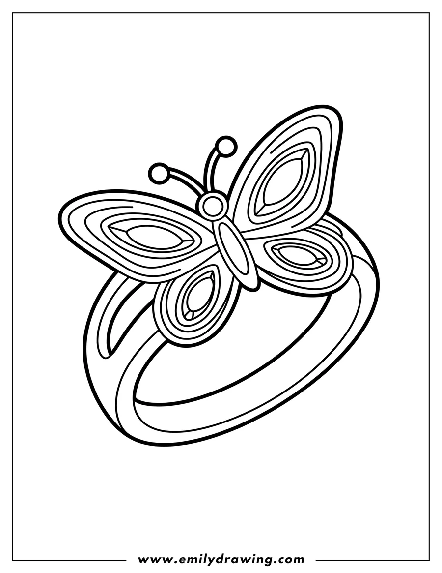 Line art of a ring with a butterfly design on top, featuring swirly patterns on its wings.