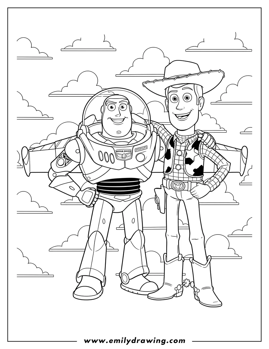 Doodle style coloring picture of buzz And Woody standing side-by-side, Buzz's arm around Woody's shoulder, smiling, Front Cloud Wallpaper