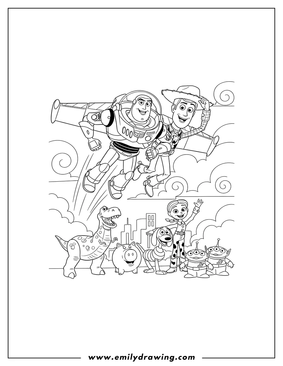 Black and white line art of buzz Lightyear and Woody flying high above their Toy Story friends