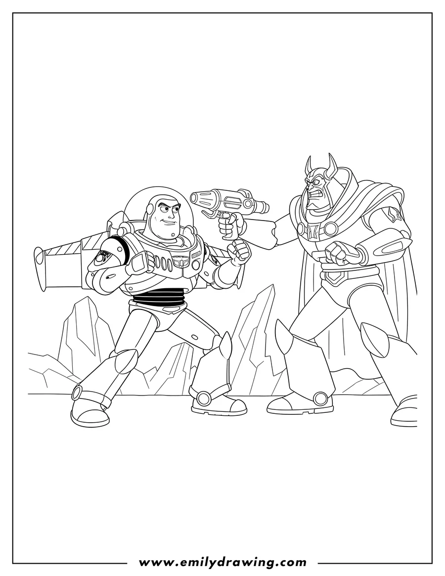 Coloring sheet featuring buzz Lightyear in a fighting stance with fists clenched, battling Evil Emperor Zurg with his left hand raised