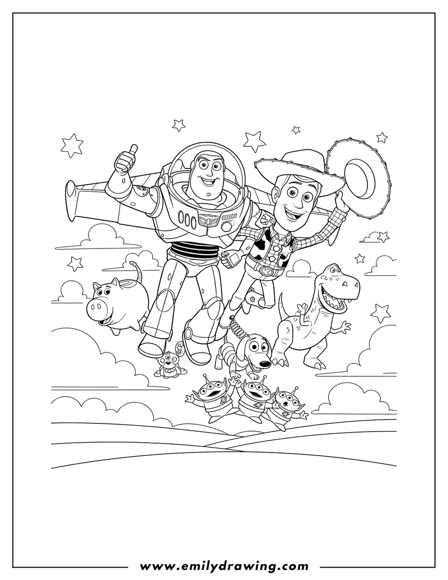 Simple sketch of toy Story Movies, Buzz Lightyear flying alongside Woody with their friends to color