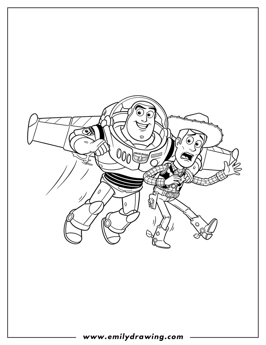 Full page coloring image of buzz Lightyear happily flying and holding frightened Woody in Toy Story