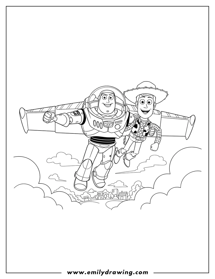 Coloring page of buzz Lightyear flying with deployed wings, carrying a wide-eyed Woody