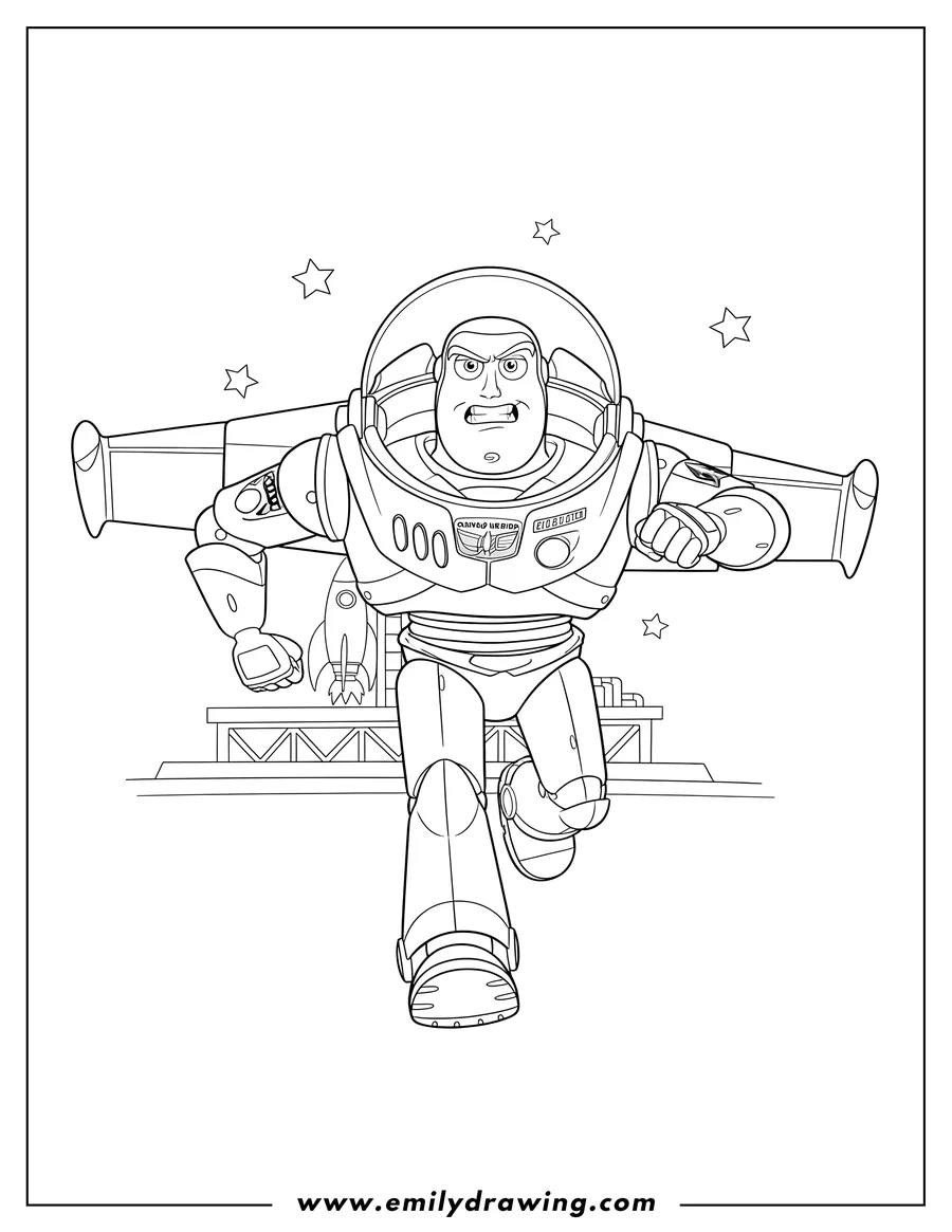 High quality printable buzz Lightyear running forward with a determined expression for coloring