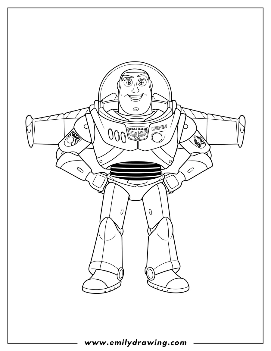 PDF style coloring page: buzz Lightyear standing, smiling, with one hand on his hip