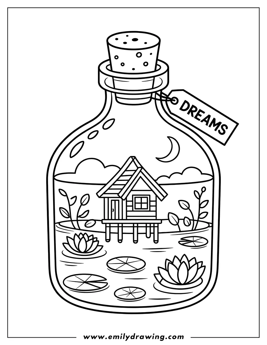 Line art of a miniature cabin on stilts surrounded by water and lotus flowers, all contained within a corked bottle with a 'DREAMS' tag.