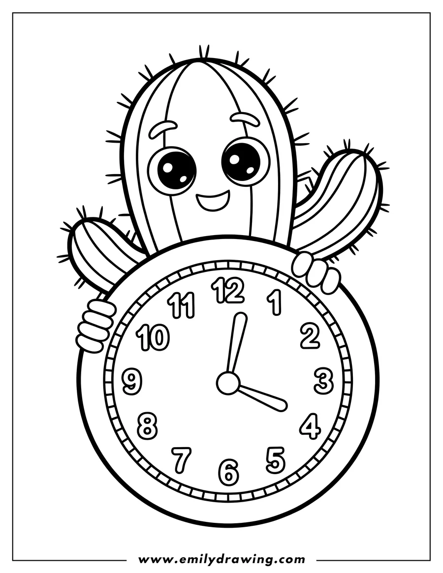 Line art of a smiling cartoon cactus holding a large round analog clock with numbers 1 through 12.