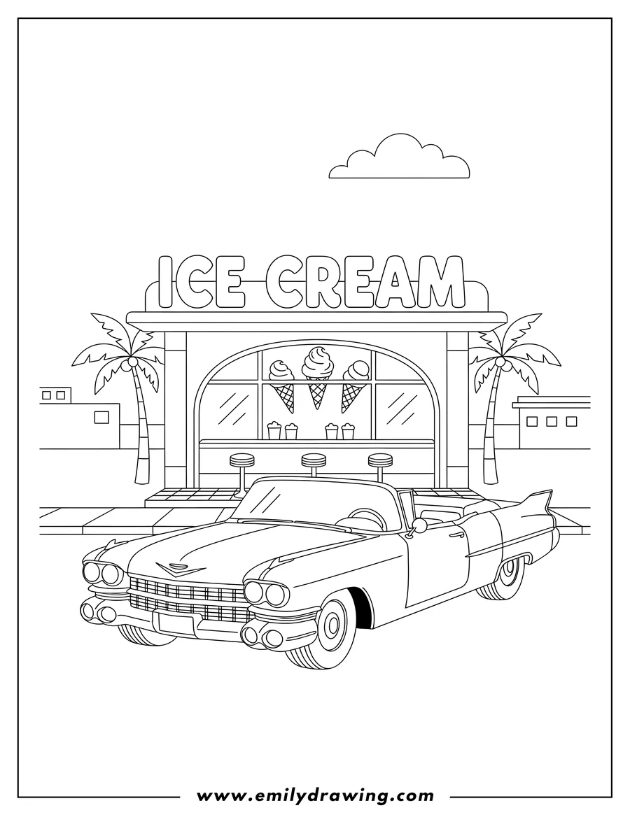 Free printable coloring sheet of 1950s Cadillac parked at a retro ice cream shop with an ICE CREAM sign and cones in the window