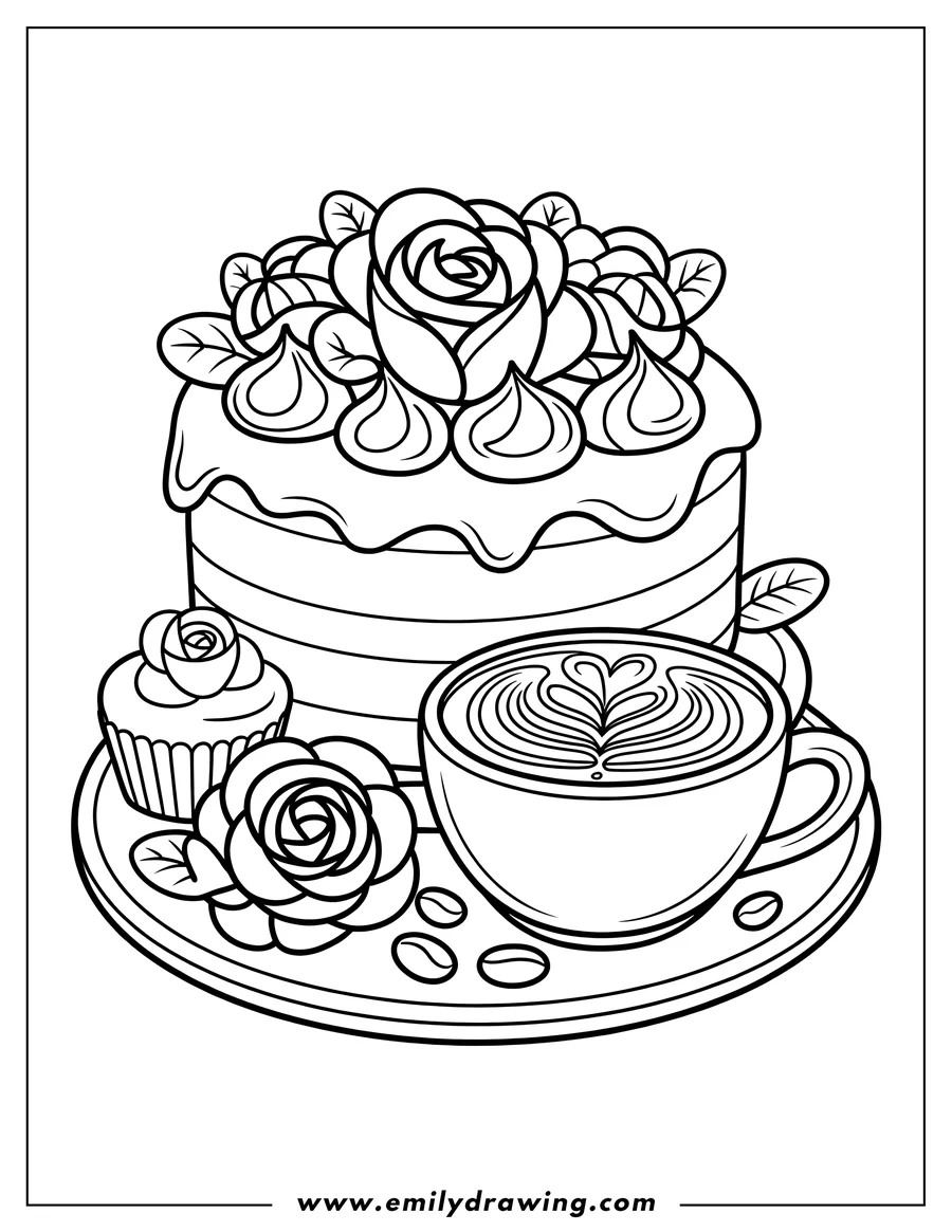 Black and white line art of cake