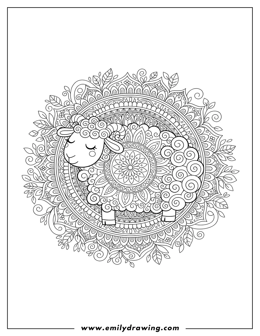 Free printable coloring sheet of calm Cartoon Sheep with closed eyes and curly wool, Centered Detailed Boho Mandala