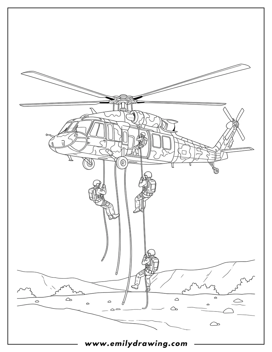 Outline drawing of camouflaged Helicopter With Navy Seals Scaled, rappelling