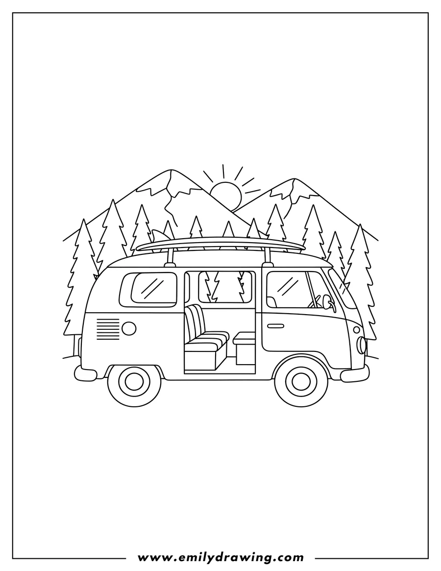 Vector style outline of camper van parked with open door, Forest With Mountain Background