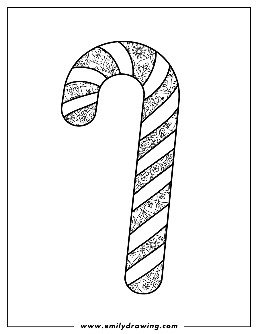 Free printable coloring sheet of candy Cane with intricate petal patterns filling its interior, in a Christmas mandala style, oriented diagonally