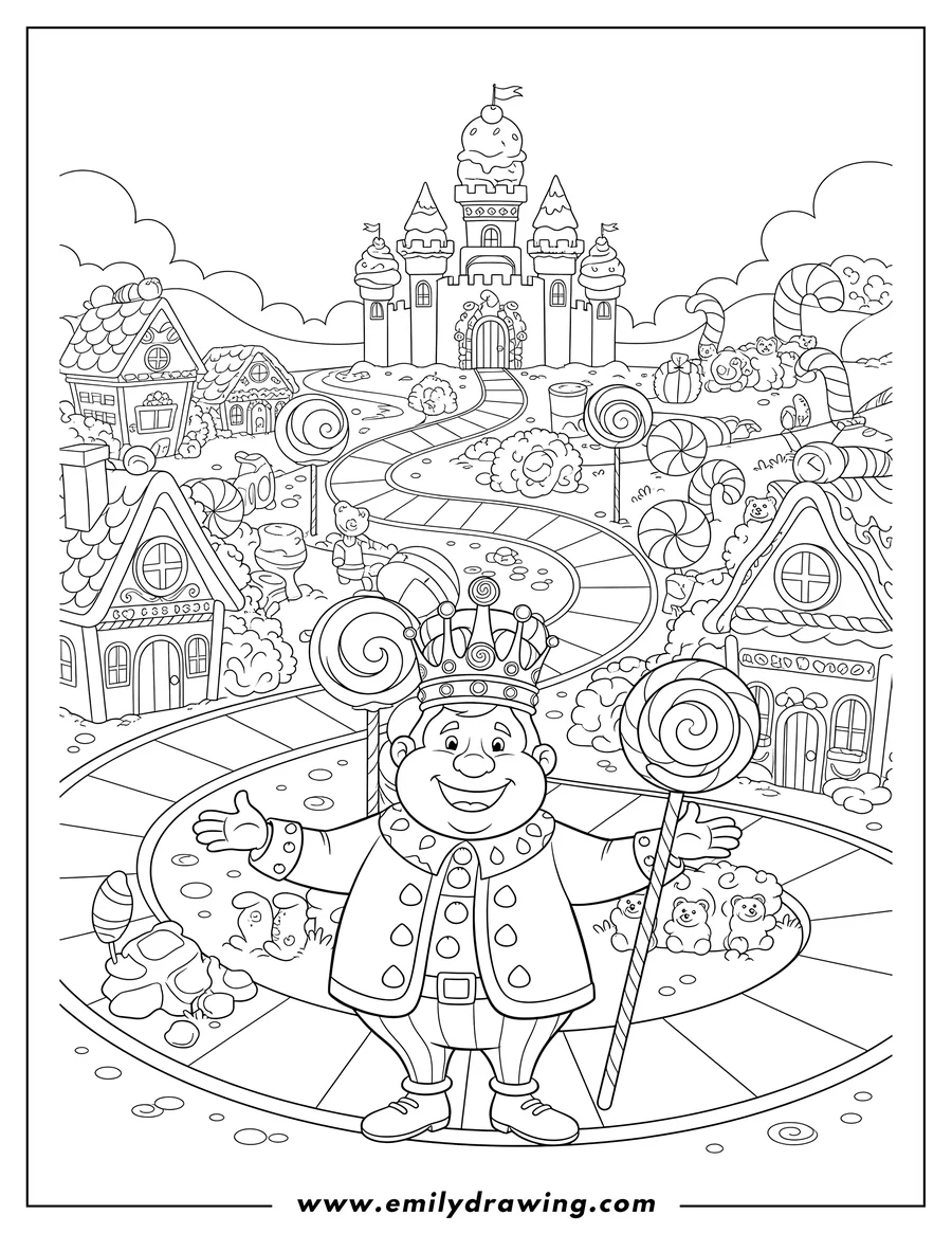 Full page coloring image of candy Land board game with King Kandy and a winding path