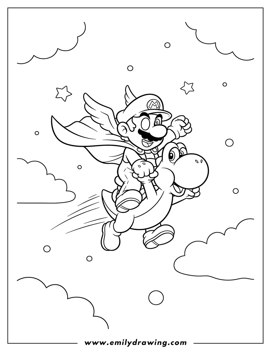 Free printable coloring sheet of cape Super Mario riding Yoshi and flying