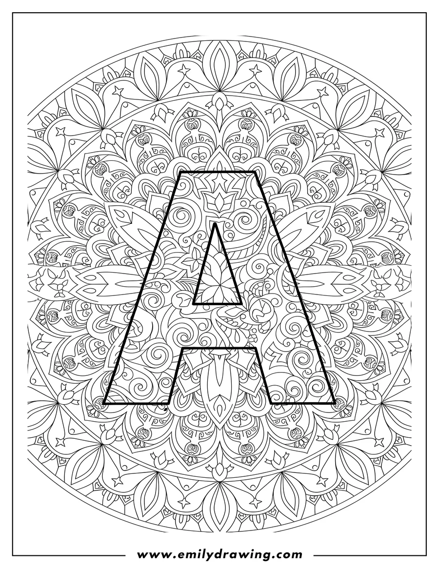 High quality printable capital Letter A Mandala Coloring Page for coloring