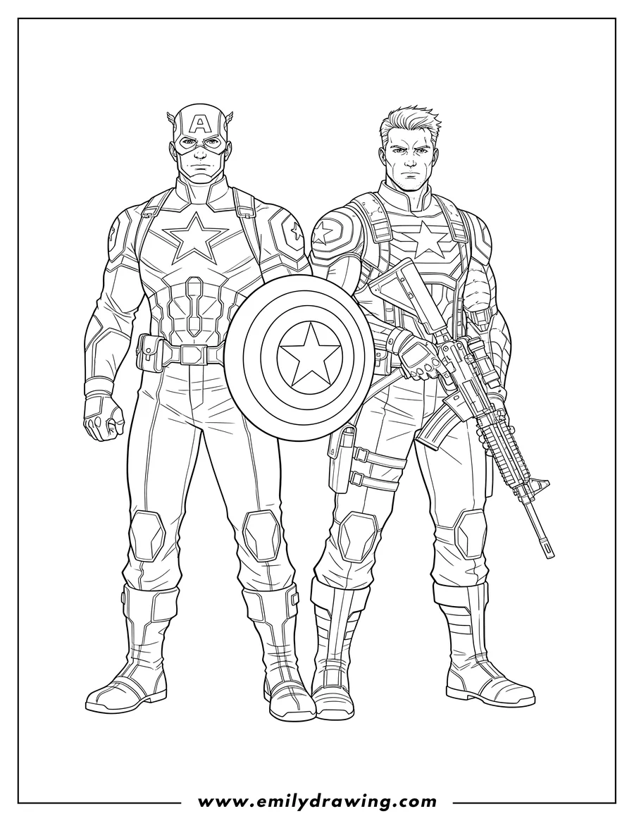 Printable coloring page of captain America and Winter Soldier standing, Winter Soldier holding a rifle