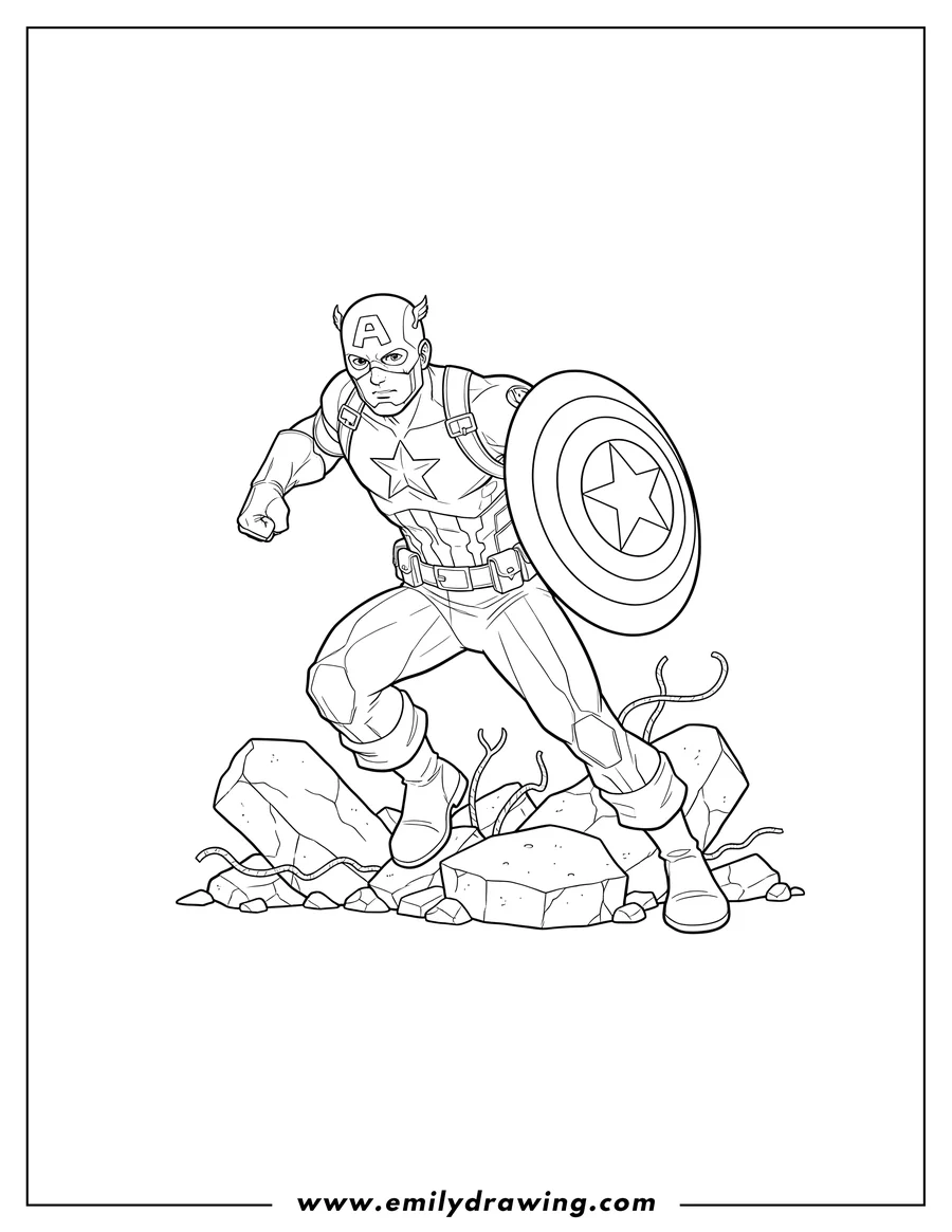 Clean line drawing: captain America dashing forward through rubble, holding his shield