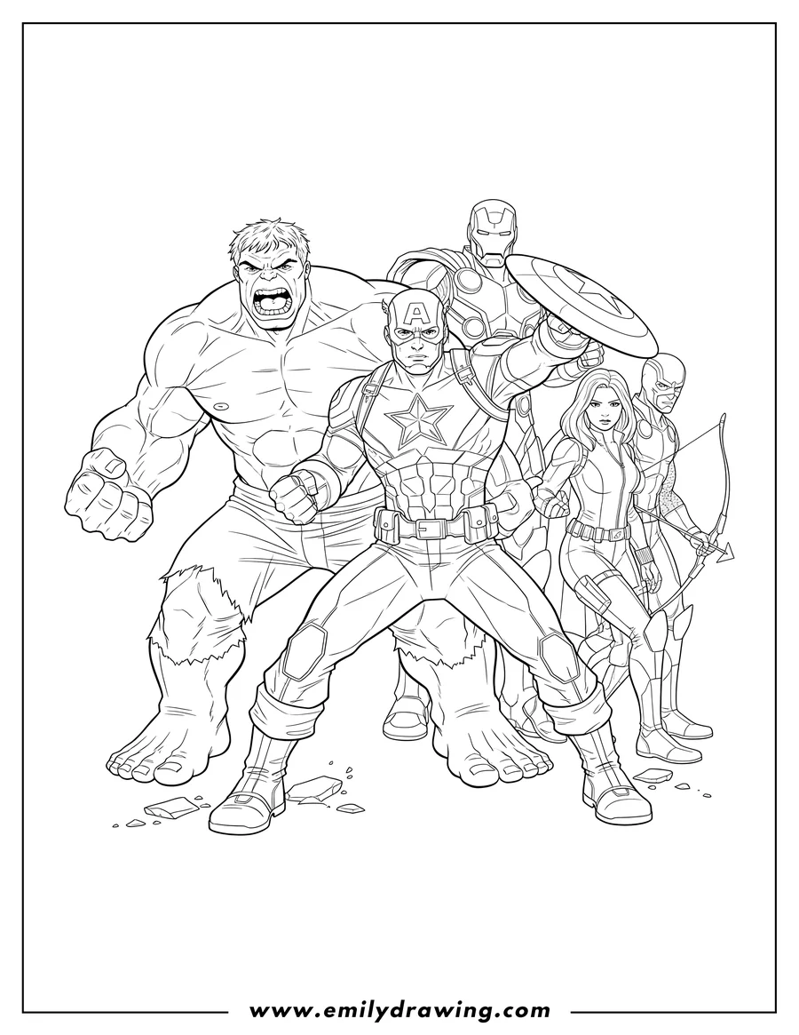 Black and white line art of captain America holding his shield, Hulk roaring, and the Avengers