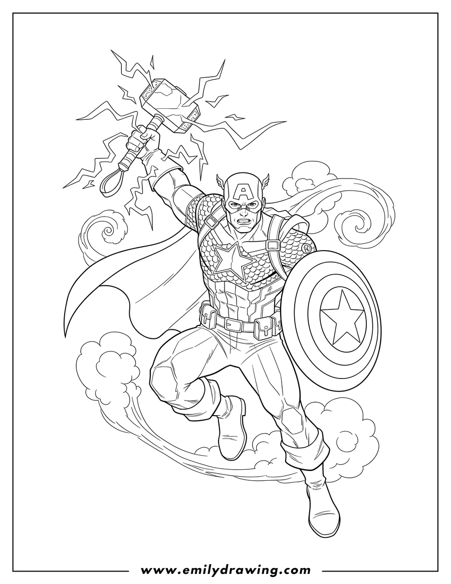 Vector style outline of captain America in an action pose, holding Thor's Hammer and his shield, with lightning