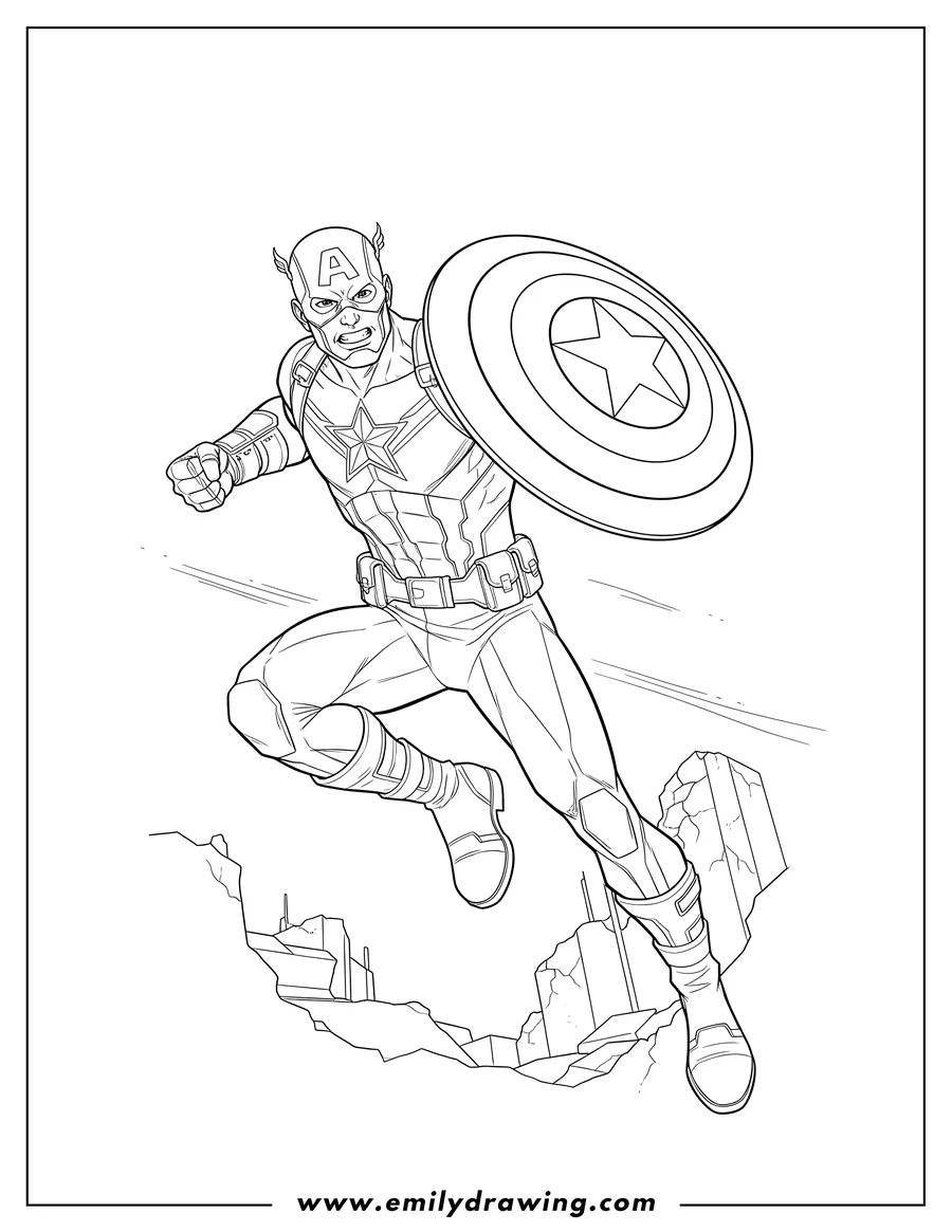 Full page coloring image of captain America leaping, holding his shield, with an intense expression