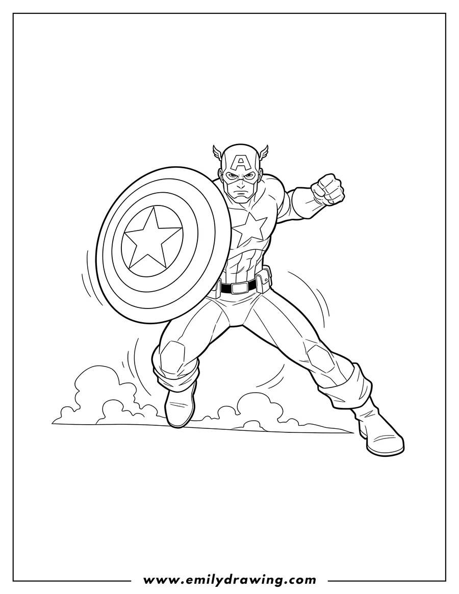 Printable coloring page of captain America lunging forward, protecting himself with his shield