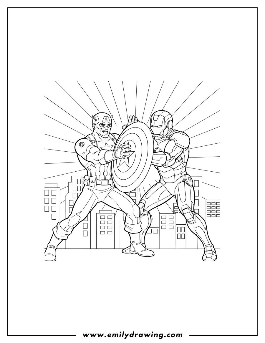 Free printable coloring sheet of captain America Vs Iron Man pushing Captain America's shield