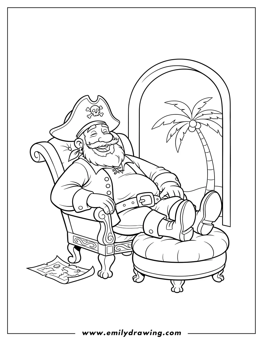 Linear illustration of captain B Mccrea Lounging On His Chair with feet up and hands on his stomach