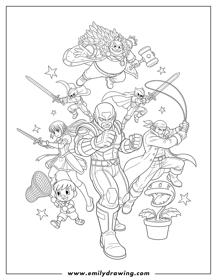 Printable coloring page of captain Falcon, Lucina, Villager, Richter, King Dedede, Chrom, Meta Knight, and Piranha Plant fighting
