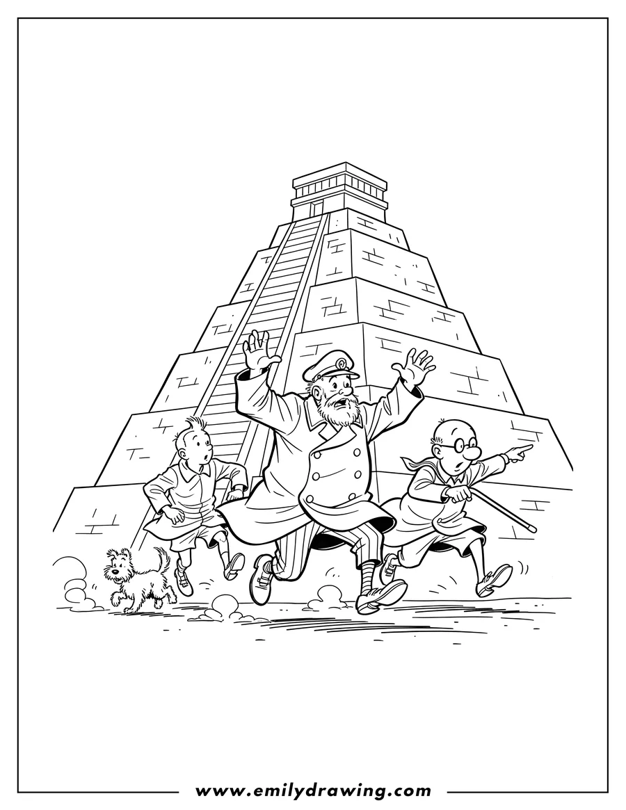 High quality printable captain Haddock, Professor Calculus pointing, Tintin, and Snowy looking back, all running from a ziggurat for coloring