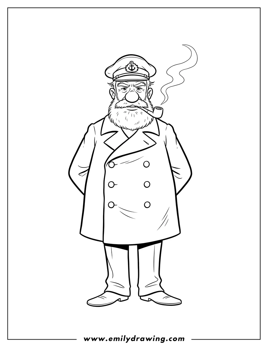 Vector style outline of captain Haddock standing, wearing a captain's hat, smoking a pipe