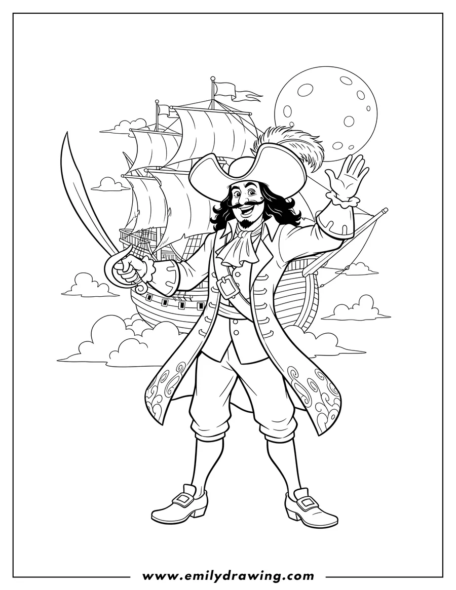 High quality printable captain Hook With Flying Ship Background, smiling and holding a sword for coloring