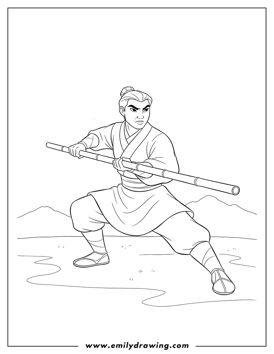 Printable line art of captain Shang gripping a bamboo staff in a martial arts pose