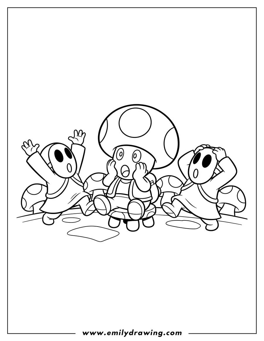 High quality printable captain Toad sitting, looking surprised, with two surprised Shy Guys approaching him for coloring