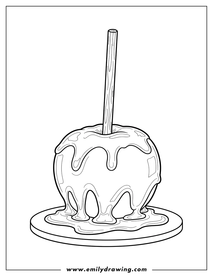 Coloring sheet featuring caramelized apple treat with a long stick and dripping caramel