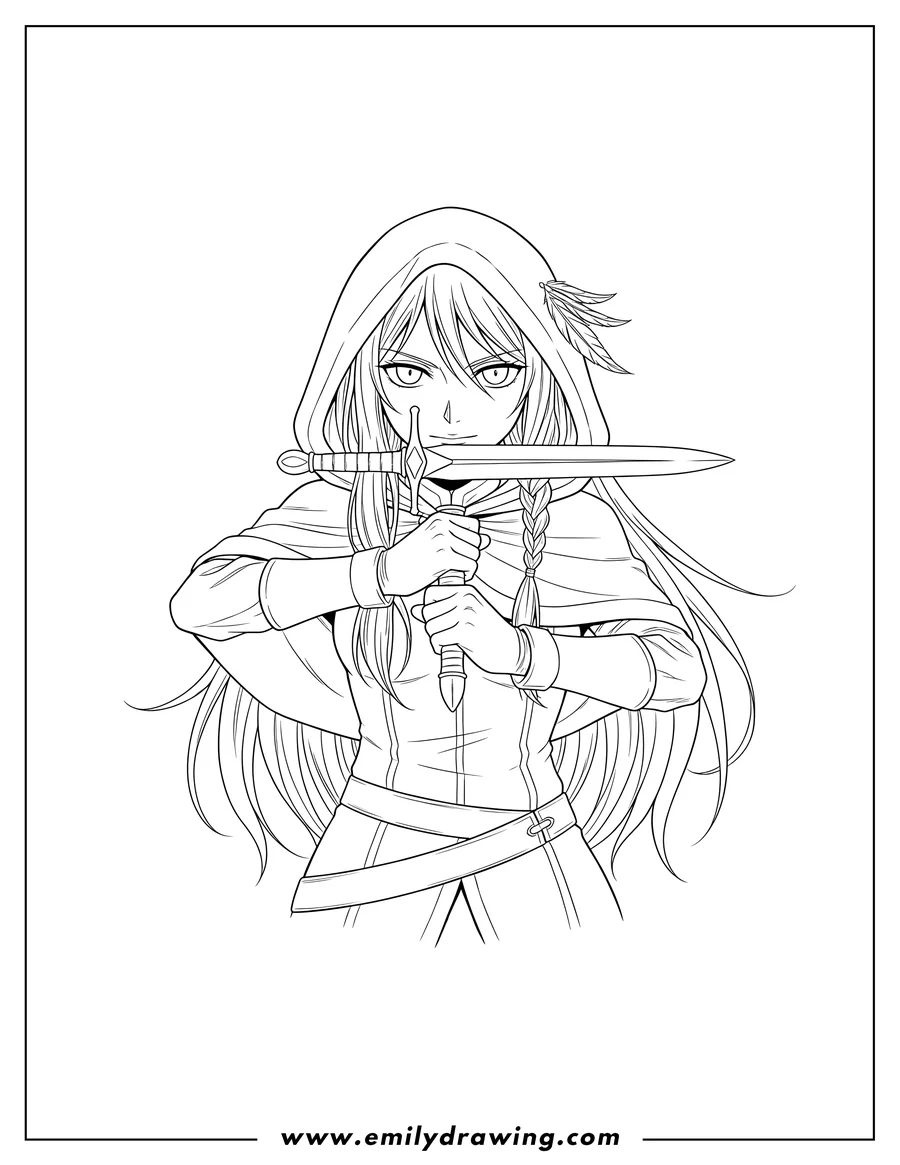 Full page coloring image of carciphona Manga Blackbird holding a dagger horizontally across their mouth with both hands