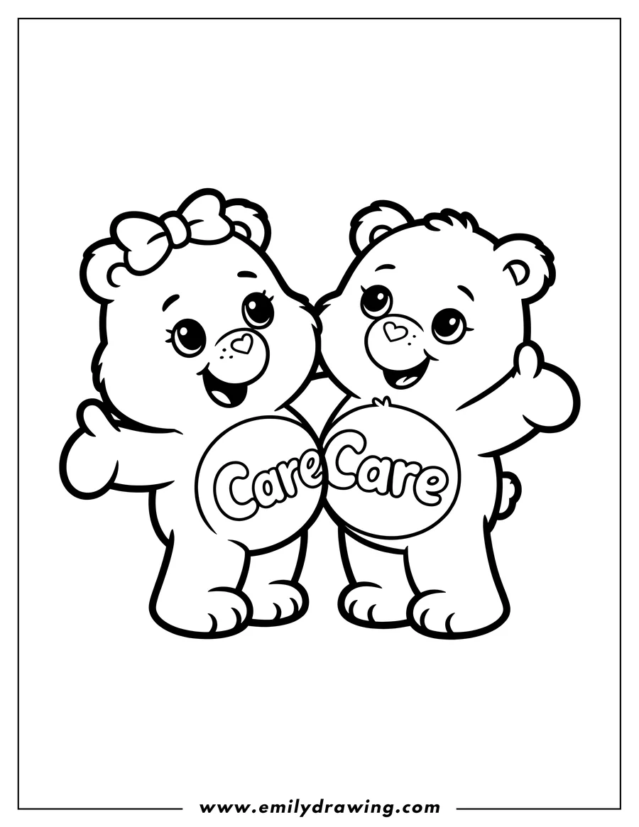 Black and white line art of care Bear