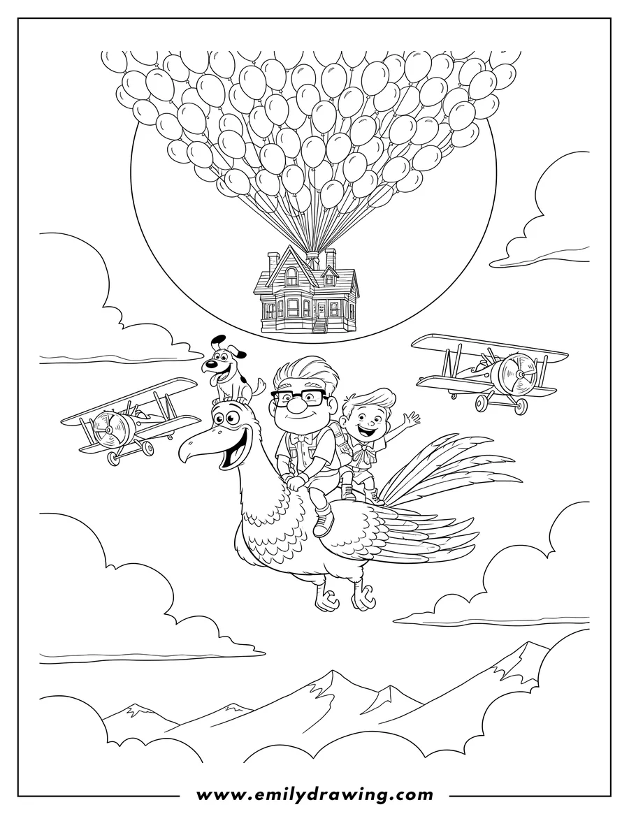 Coloring sheet featuring carl, Russell, and Dug riding Kevin with the balloon house overhead, as they are chased by aircrafts