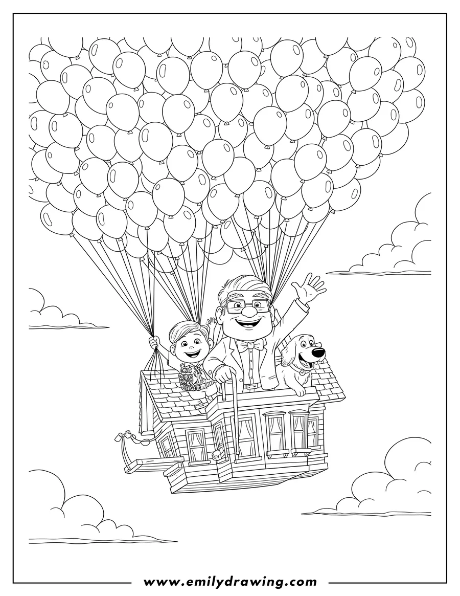 Outline drawing of up Movies: Carl, Russell, and Dug with the flying house