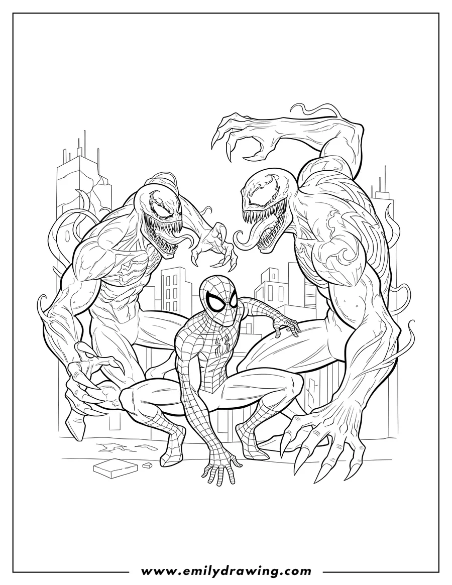 Coloring page of carnage and Venom attacking a crouching Spider-Man
