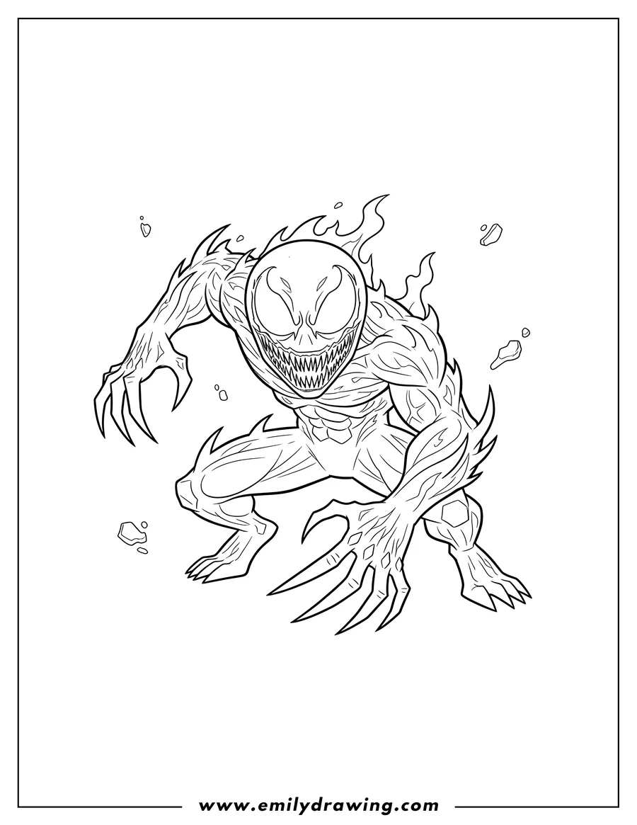 PDF style coloring page: carnage Superhero crouching with sharp claws